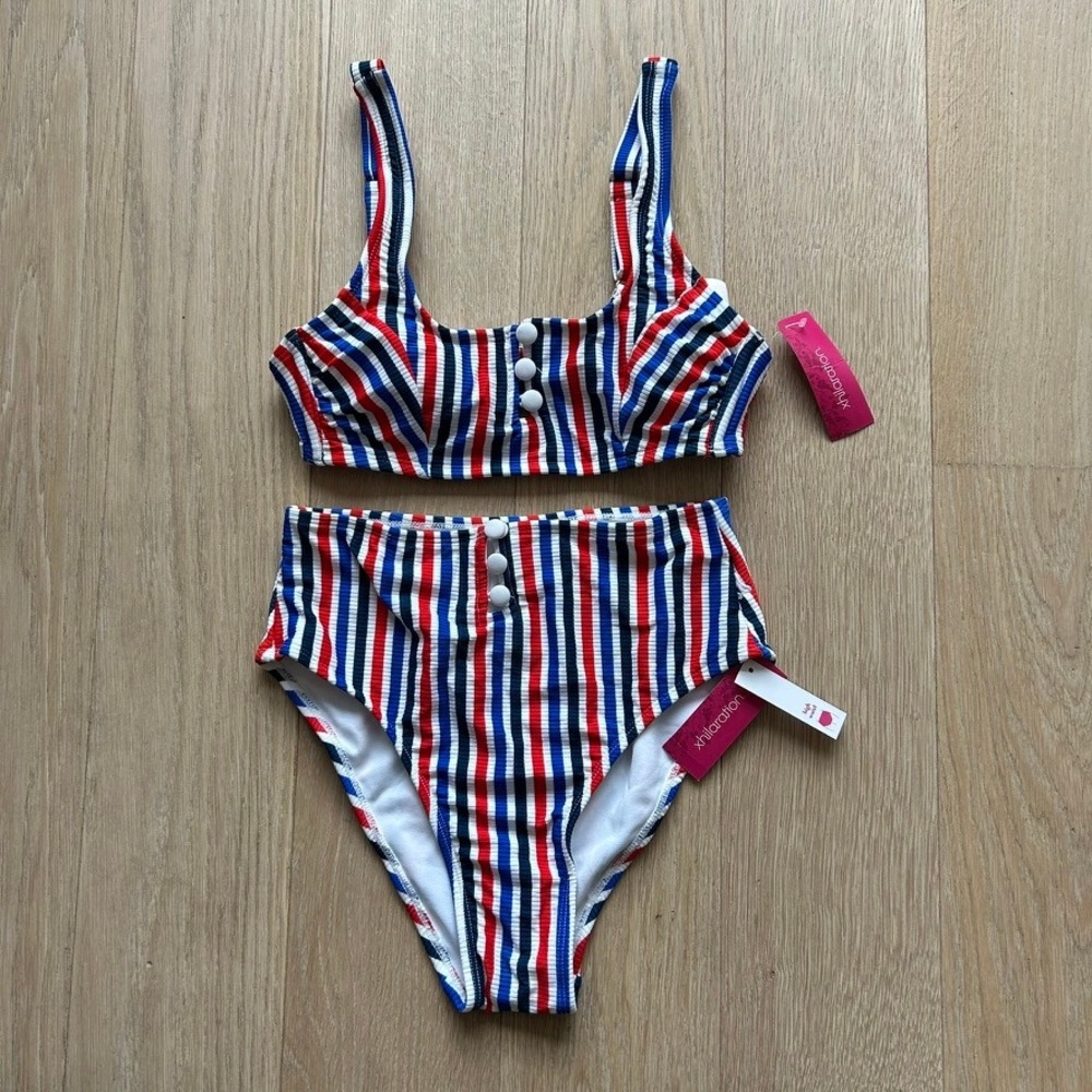 Xhilaration Striped Bikini Set High Waisted Red White Blue M Ribbed Nautical NWT - Picture 2 of 9